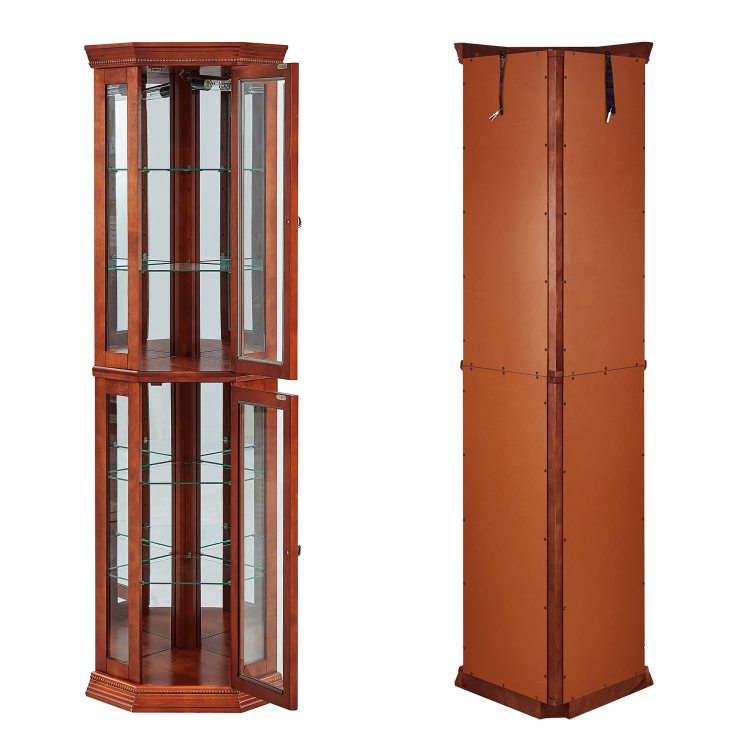 Corner Curio Cabinet With Lights, Adjustable Tempered Glass Shelves, Mirrored Back, Display Cabinet,Light Walnut E26 Light Bulb Not Included