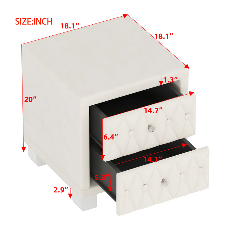 Elegant Velvet Nightstand With 2 Drawers And Crystal Handle, Storage Bedside Table With Button Tufted, Beige