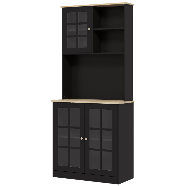 Homcom Kitchen Pantry Cabinet, 72" Freestanding Storage Cabinet With Hutch, Large Countertop, Glass Doors And Adjustable Shelves, Microwave Cabinet, Coffee Bar Cabinet For Dining Room, Black
