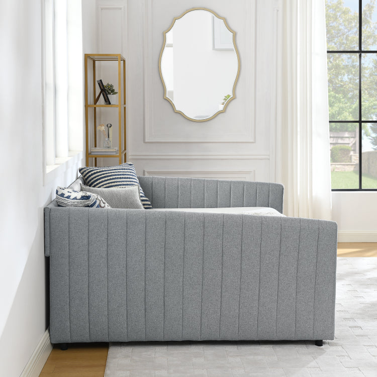 Queen Size Daybed With Two Drawers Trundle Upholstered Sofa Bed, With Vertical Stripes Linen Fabric, Grey 86.5"X65"X30"