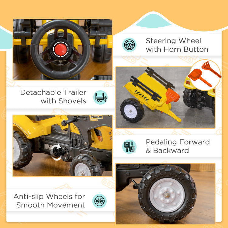Aosom Kids Ride On Excavator, Pedal Car Bulldozer, Move Forward Back With Real Working Dirt Bucket, 6 Wheels, & Cargo Trailer