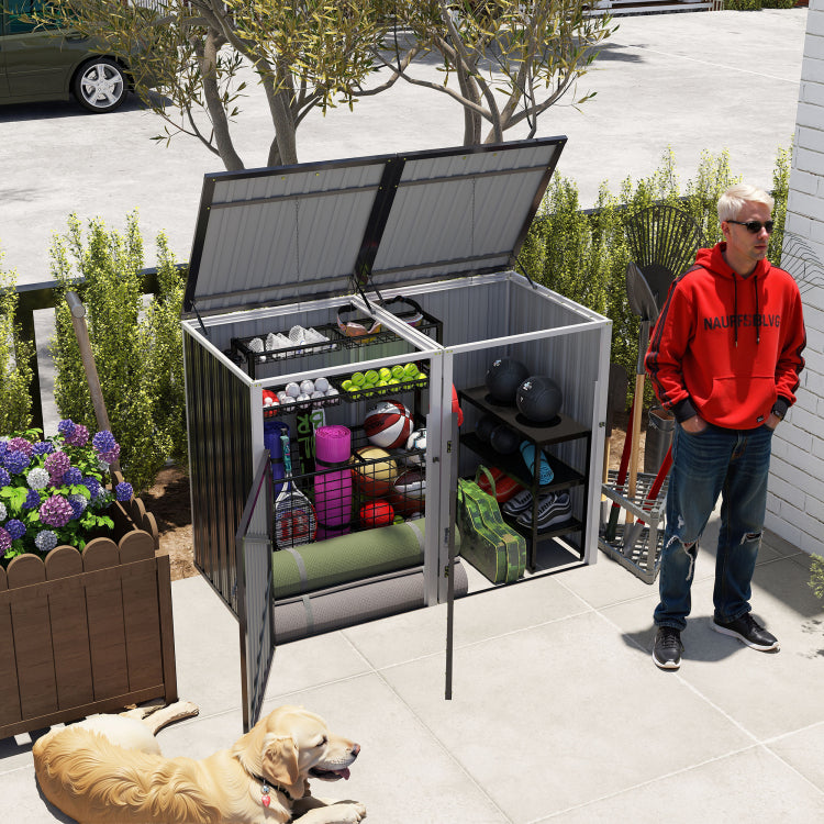 Garbage Bin Shed Stores 2 Trash Cans Metal Outdoor Bin Shed For Garbage Storage,54 Cubic Feet Of Space,Stainless Galvanized Steel, Bin Shed For Garden Yard Lawn,Grey