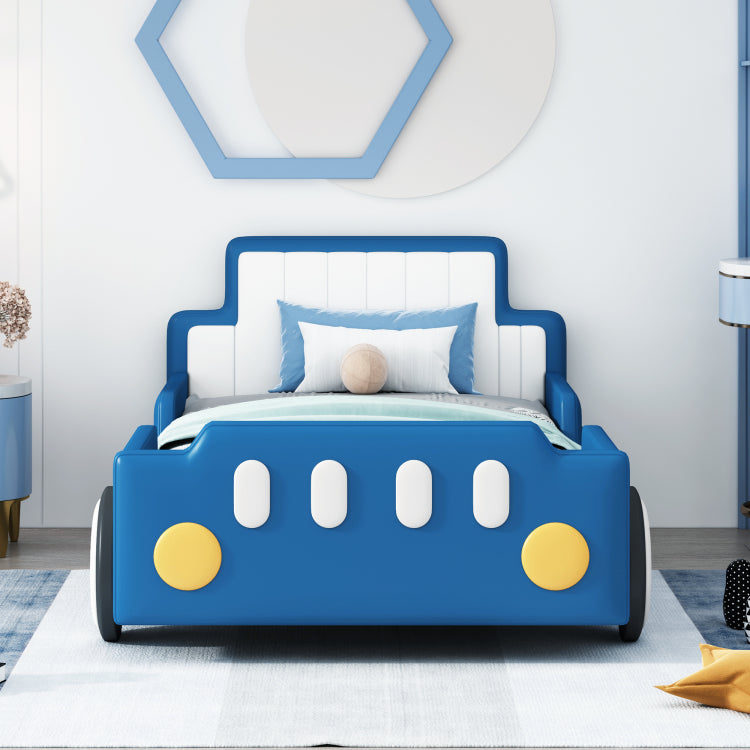 Twin Size Race Car Shaped Platform Bed With Wheels,Blue