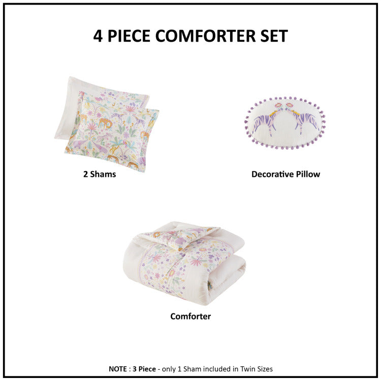 4 Pcs Full Queen Floral Reversible Cotton Comforter Set With Throw Pillow Purple