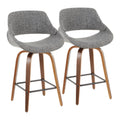 Mid Century Modern Counter Stool In Walnut And Grey Noise Fabric Set Of 2