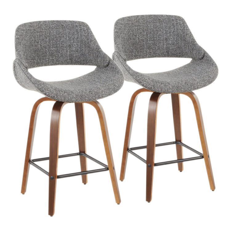 Mid Century Modern Counter Stool In Walnut And Grey Noise Fabric Set Of 2
