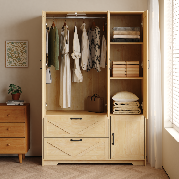 4 Doors Wardrobe Closet With Mirror, Led Wardrobe With Doors And 2 Drawers, Wooden Wardrobe Storage Cabinet With Hanging Rod, Adjustable Shelves, Natural