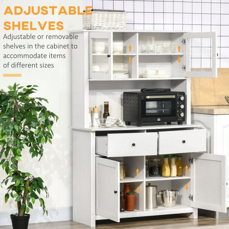 Homcom 63.5" Kitchen Buffet With Hutch, Pantry Storage Cabinet With 4 Shelves, Drawers, Framed Glass Doors, Open Microwave Countertop, Antique White