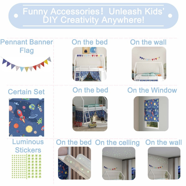 Jack Metal Junior House Twin Loft Bed With Slide And Curtain Set And Pennant Banner Flag And Star Stickers, White With Blue
