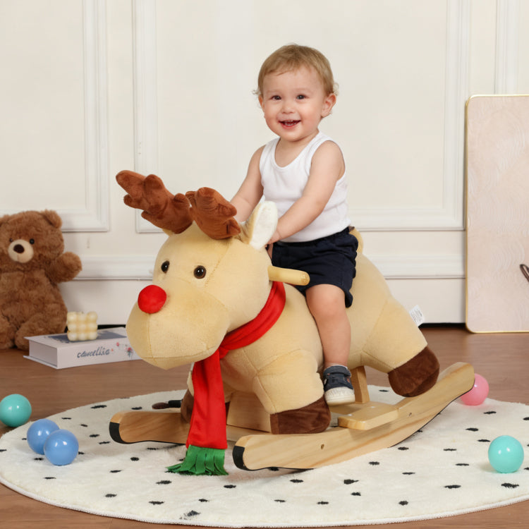 Kids Ride On Rocking Horse Toy With Jingle Bells,Moose Rocking Toy With Hand Puppets And Safety Belt For Children 1 3 Years,Soft Plush Fabric,Apricot,Cpc Certified