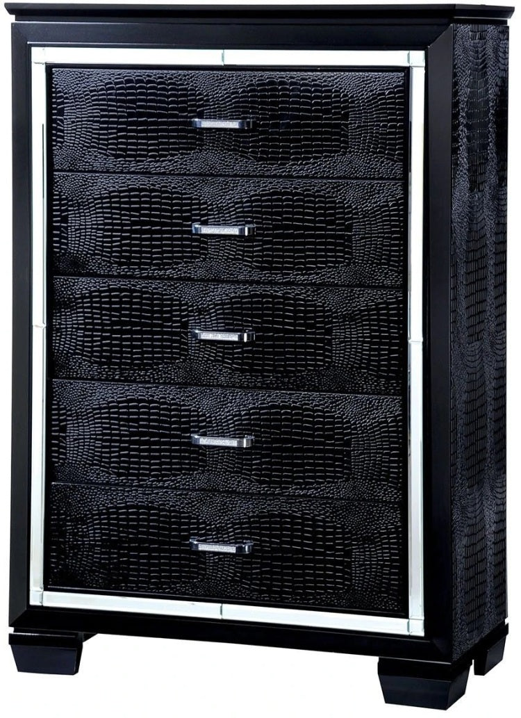 1Pc Chest Crocodile Texture Contemporary Style Diamond Crusted Handle English Dovetail Five Drawers 3Mm Mirror Black Finish