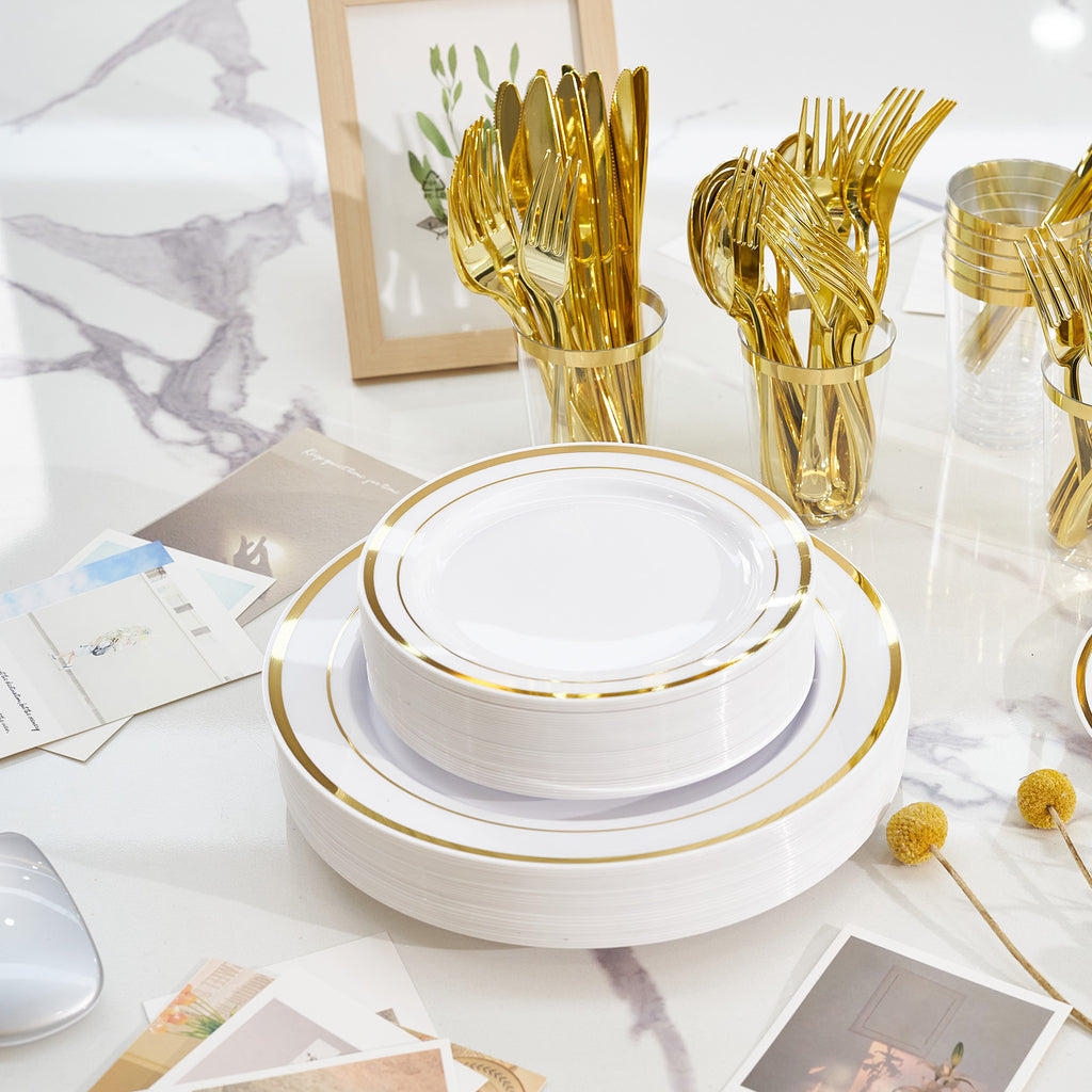 350 Pieces Gold Disposable Plates For 50 Guests, Disposable Plastic Plates For Party, Wedding, Dinnerware Set Of 50 Dinner Plates, 50 Salad Plates,50 Cups And 50 Paper Napkins, Gold