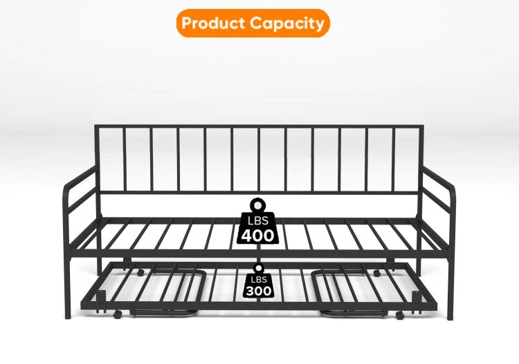 Twin Daybed With Rgb Led Lights & Charging Station, Height Adjustable Day Bed Frame With Trundle, Versatile Metal Sofa Bed Frame For Bedroom, Living Room, Guest Room, Black