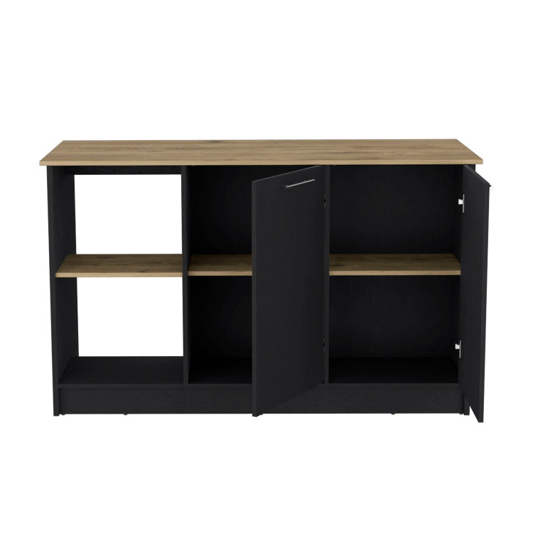 Kitchen Island With Large Countertop, Open Storage Shelves And Double Door Cabinet, Black Macadamia