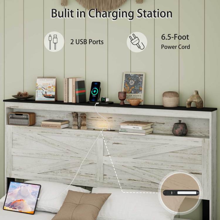 Fully Floating Bed Frame With Led Lights And Charging Station Cushion Platform Bed Frame, Large Bed, With Headboard And Hidden Storage Space, No Need For Box Springs, Antique White Gray