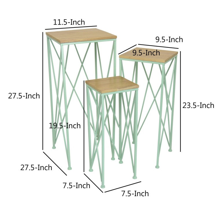 Mito 3Pc Nesting Plant Stand Table, Brown Wood, X Cross Green Metal