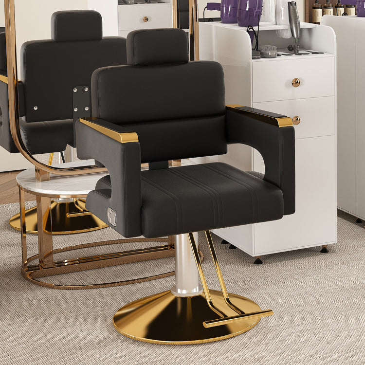 Professional Hydraulic Barber Chair 360 Swivel With Adjustable Height, Stainless Steel Armrests & Reclining Backrest For Salon & Barber Shop Black Gold Single Pack