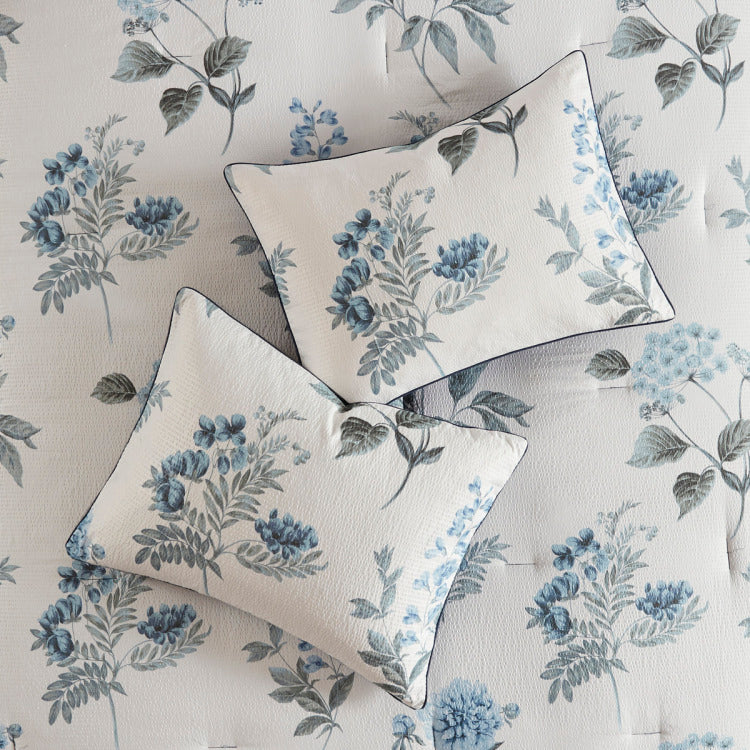 7 Piece Printed Seersucker Comforter Set With Throw Blanket Blue Full Queen
