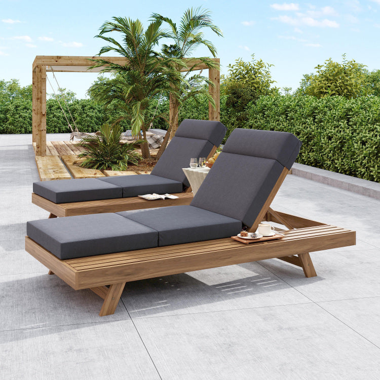 Lounge Chaise Set With Headrest, Space Available On One Side, Acacia Wood In Light Brown With Water Resistant Lounge Cushions Dark Grey & 3 Fold & 4 Inch Matching Cream Beige Version Available