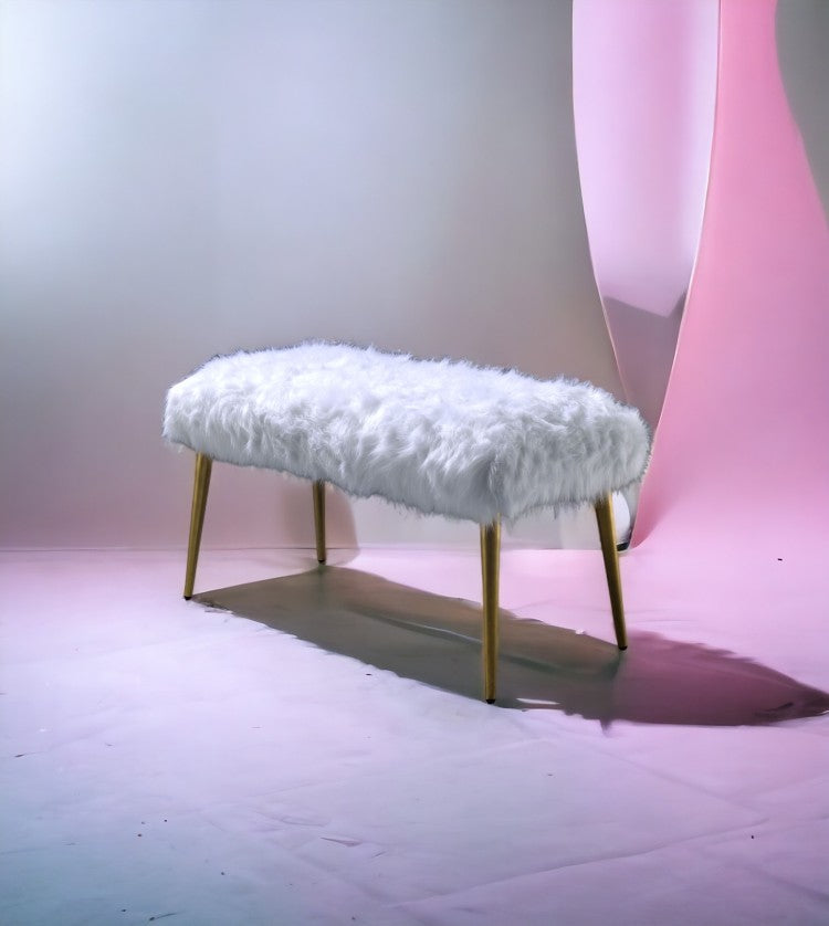 Bagley Ii White Faux Fur & Gold Finish Bench