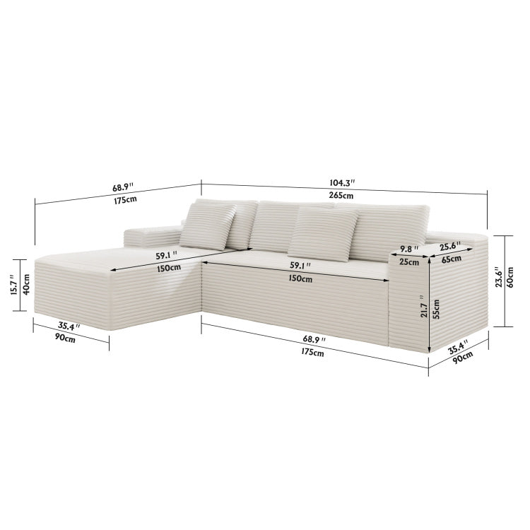 104.3*68.9"Modular Sectional Sofa Seat,Upholstered Compressed Couch For Living Room,Bedroom,Apartment,No Assembly Required,2Pc Free Combination,Plush Corduroy Fabric,White