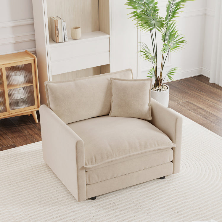 Comfy Deep Single Seat Sofa Upholstered Reading Armchair Living Room Chair Light Coffee Chenille Fabric , 1 Toss Pillow