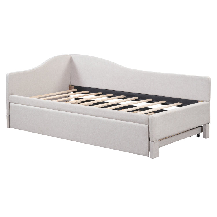 Twin Size Upholstered L Shaped Upholstered Daybed With Pop Up Trundle, Beige