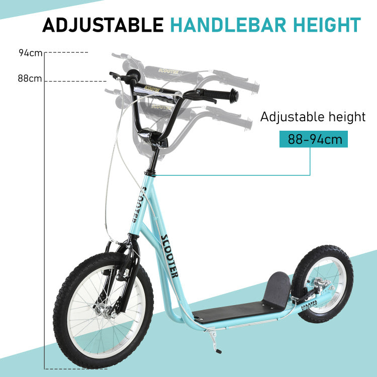 Aosom Youth Scooter, Teens Kick Scooter, Adjustable Handlebar Ride On Toy For 5 With 16" Front And 12" Rear Dual Brakes Inflatable Wheels, Blue