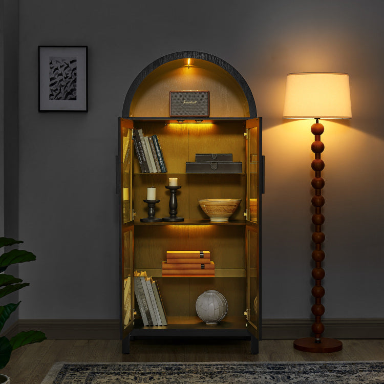 A High Arched Storage Cabinet With A Lamp, A Modern Retro Style Wooden Storage Cabinet With Adjustable Glass Partitions, Suitable For Use As A Multi Functional Cabinet In Kitchens Black