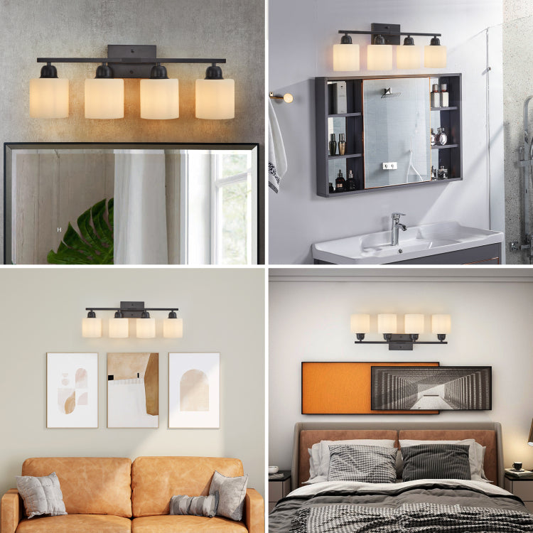 Black Bathroom Light Fixtures, 4 Light Modern Vanity Light Over Mirror, Wall Sconces With Milky White Frosted Glass Shades, E26 Socket Bulbs Not Included