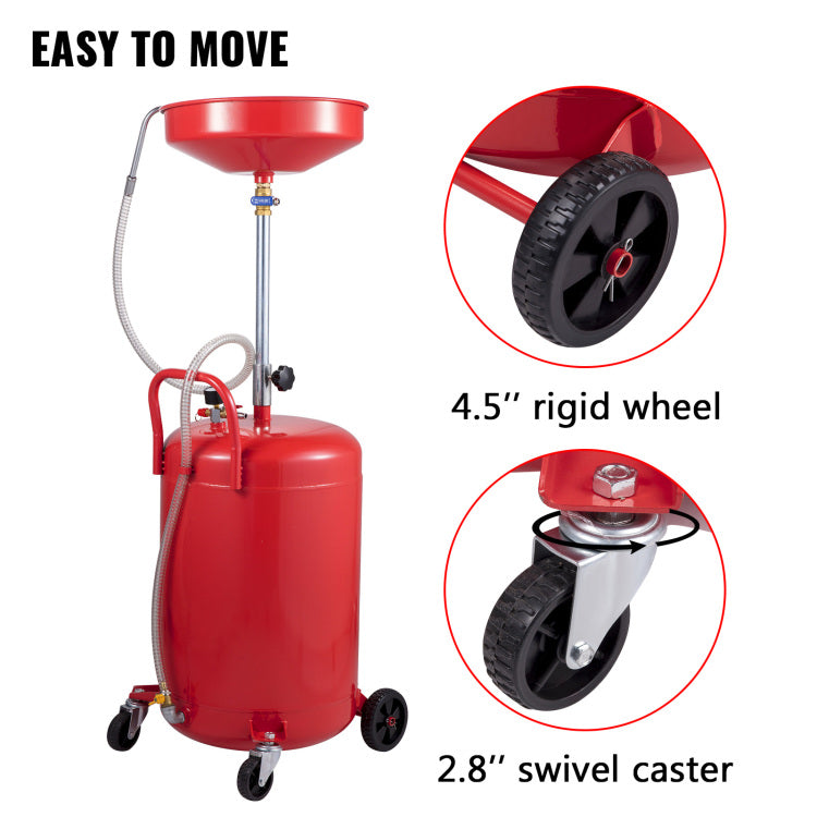 Waste Oil Drain Tank 20 Gallon Portable Oil Drain Air Operated Drainer Oil Change, Oil Drain Container, Fluid Fuel Transfer Drainage Adjustable Funnel Height, With Wheel For Easy Oil Removal