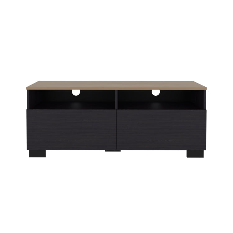 Colman Modern Tv Stand With Open Shelves And Compact Profile, Minimalist Media Console For Living Room Or Bedroom, Black Natural Oak