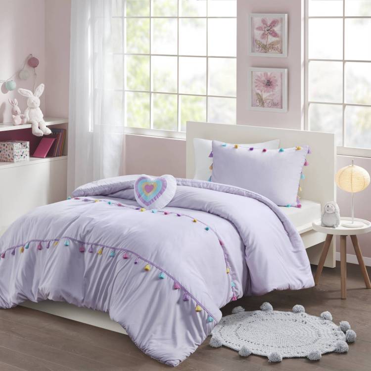 3 Pcs Twin Tassel Comforter Set With Heart Shaped Throw Pillow Lavender