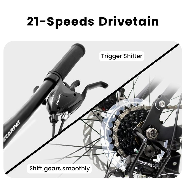 A2460 24 Inch Mountain Bike With Full Suspension, 21 Speed Shifter Lever With Gear Indicator, High Carbon Steel Frame, Mechanical Disc Brakes, Unisex For Men Women Adults, Ideal For Trails