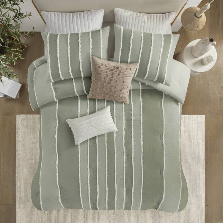 3 Piece Striped Cotton Comforter Set Sage Full Queen
