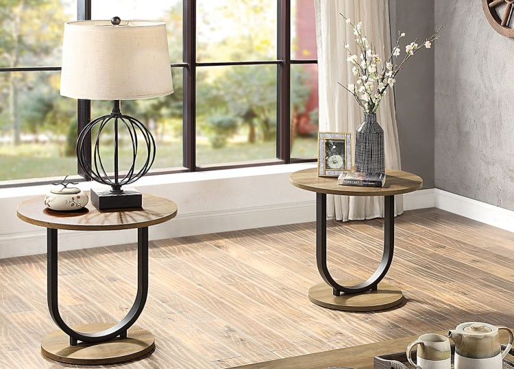 Industrial Style 3Pc Coffee Table Rustic Oak And Sand Black Finish U Shape Base Steel 1X Oval Coffee Table 2X Round End Table Replicated Wood Top