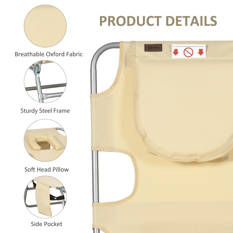 Outsunny Folding Beach Lounge Chair With Face Hole And Arm Slots, 5 Level Adjustable Sun Lounger Tanning Chair With Pillow For Patio, Garden, Beach, Pool, Beige