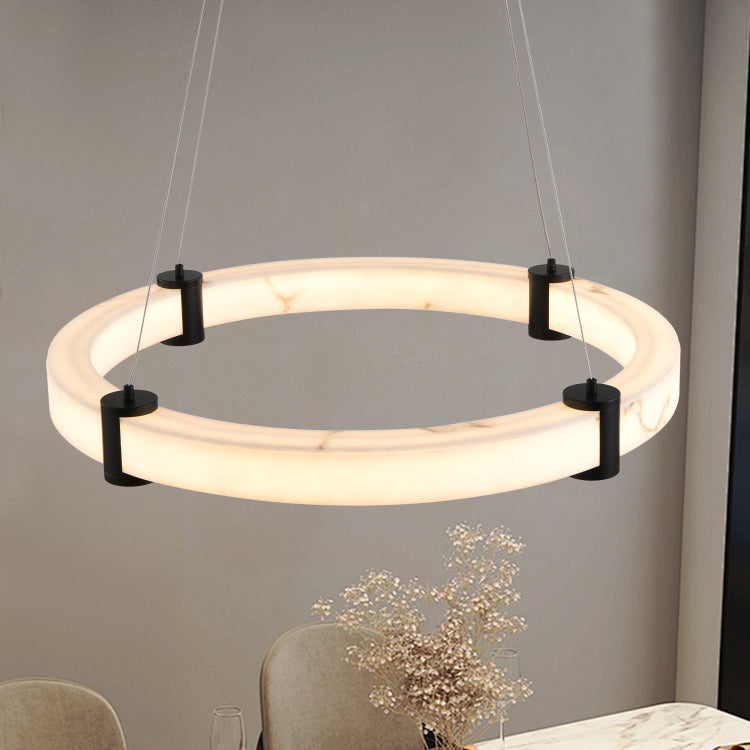Modern Led Pendant Light, 24 Inch Round Hanging Chandelier With Adjustable Height, Imitation Marble Finish Resin Ring Ceiling Light For Dining Room, Kitchen Island, Living Room