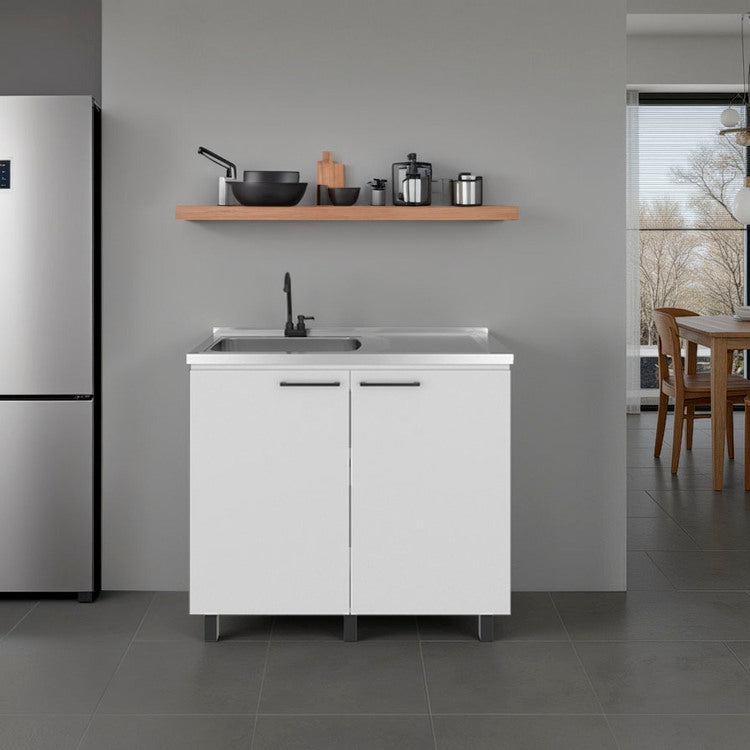 Napoles Utility Sink Complete With Faucet, Freestanding Base With Legs And Deep Stainless Steel Basin, Modern Multi Purpose Sink For Kitchen, Laundry Or Utility Room, White
