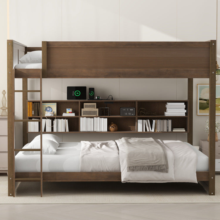 Queen Over Queen Bunk Bed With Storage Cabinets And Usb Ports, Antique Wood Color