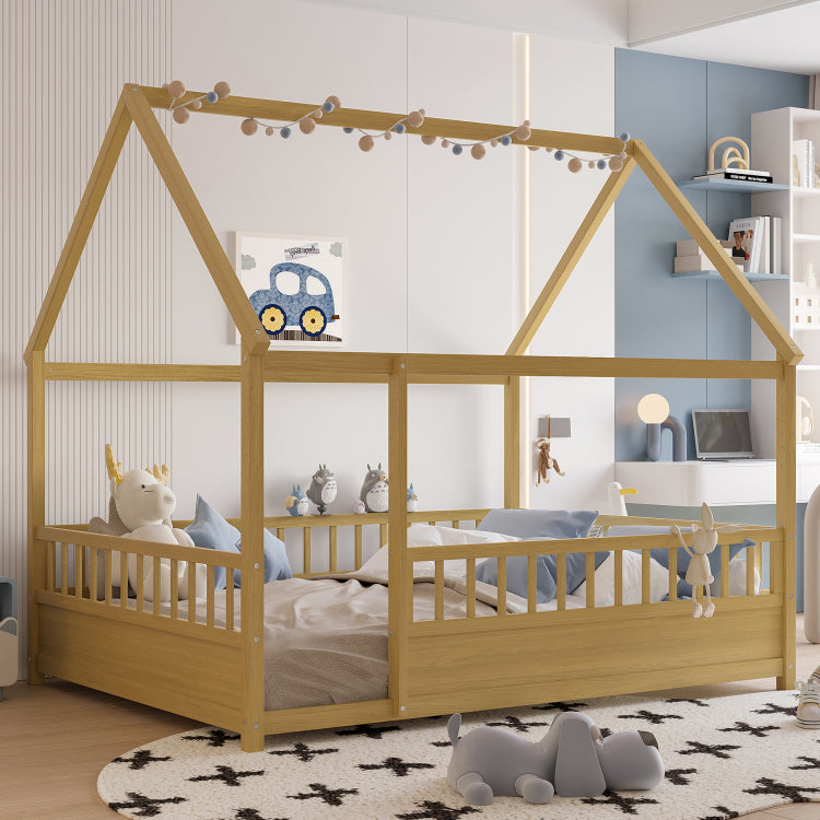 Full Size Floor Wooden Bed With House Roof Frame, Fence Guardrails Full,Natural
