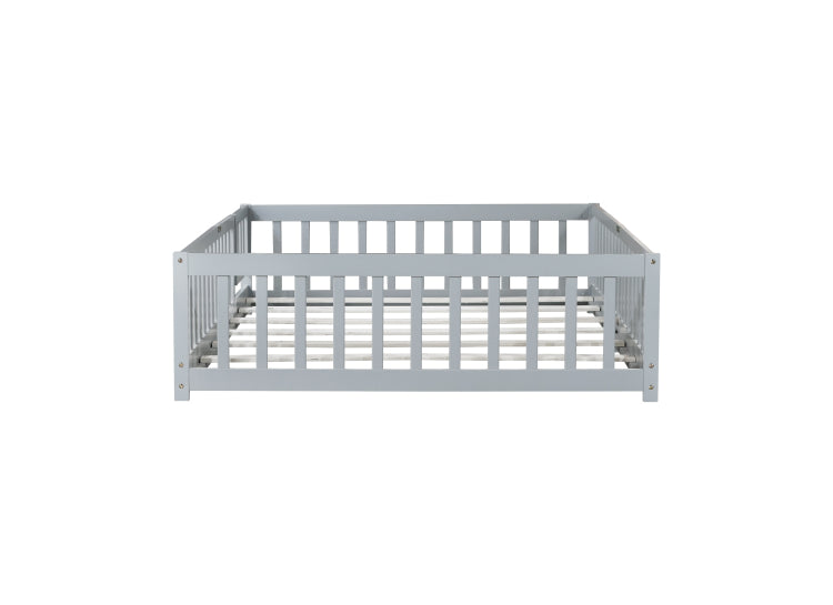 Full Size Floor Bed With Fence And Door,Rubber Wood Floor Bed With Safety Guardrails,Grey