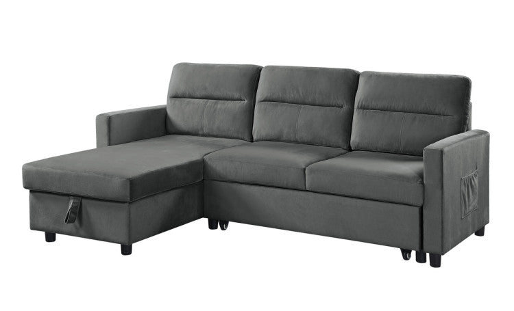 Iride 81.5"W Dark Gray Velvet Reversible Sleeper Sectional Sofa With Storage Chaise And Side Pocket