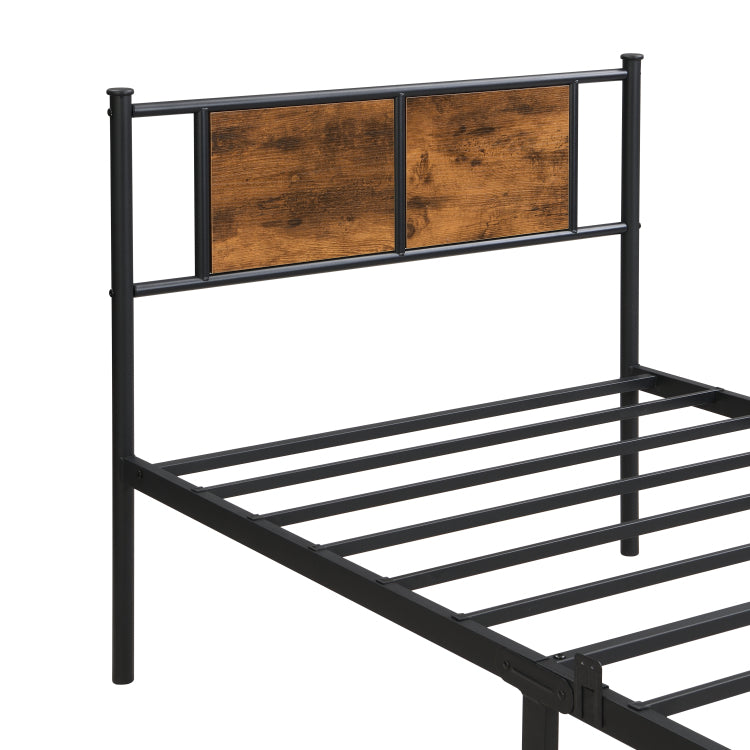 Twin Size Metal Bedframe,Headboard With Wood Panel Decoration,Black