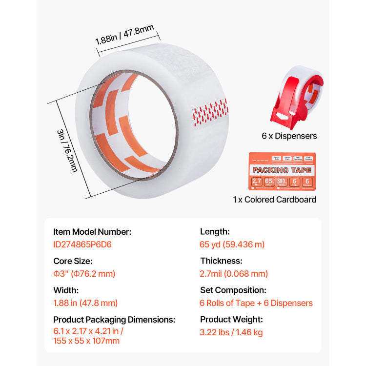 Clear Packing Tape 6 Rolls 65 Yards Clear Ping Tape With Dispenser 2.7 Mil