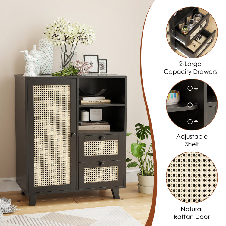 Rattan Buffet Cabinet With Adjustable Shelf, Sideboard With Drawers For Living Room, Kitchen, Entryway