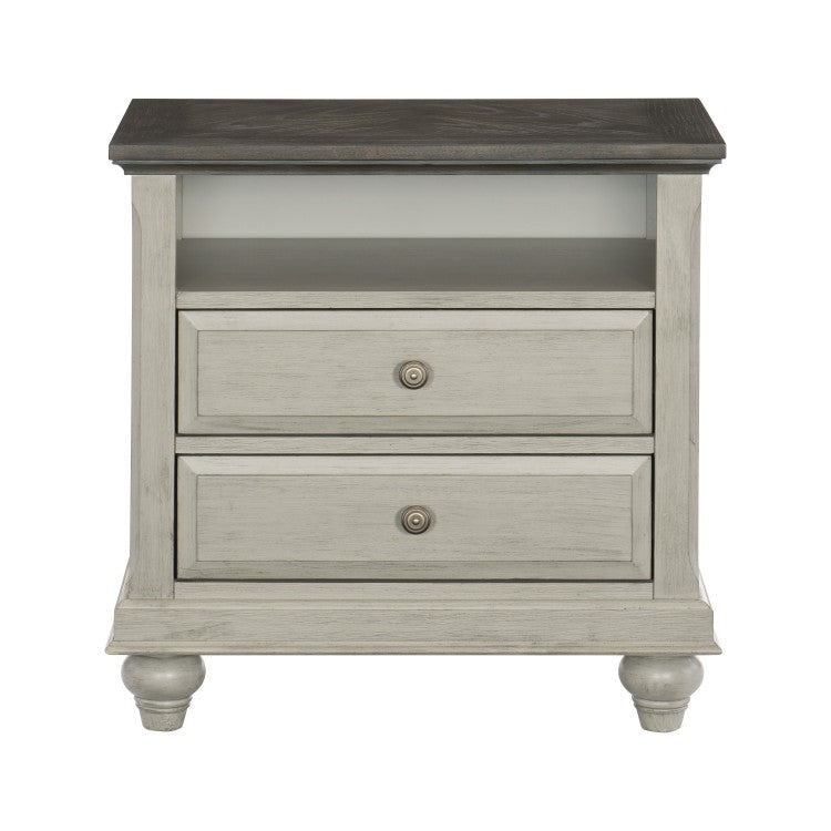 Classic Light Gray Finish 1Pc Nightstand With 2X Drawers And Storage Cubby Dark Brown Top Modern Farmhouse Design Bedroom Furniture Side Table