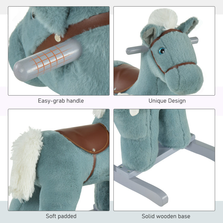 Qaba Kids Plush Ride On Rocking Horse With Bear Toy, Children Chair With Soft Plush Toy & Fun Realistic Sounds, Blue