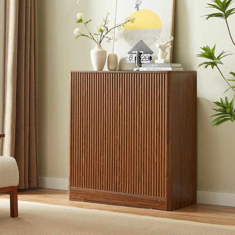 34.3" Modern Wavy Sideboard, Curved Contour Design Storage Cabinet, 2 Door Cabinet With Storage Function, Suitable For Kitchen Bedroom Living Room, Walnut, 34.3"L X 15.7"W X 34.3"H