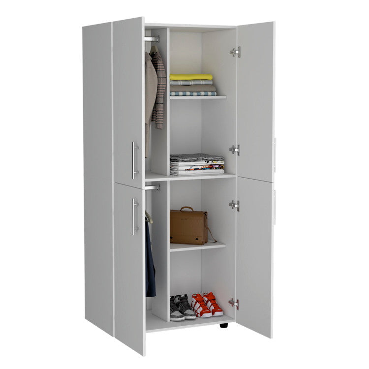Hazel 70" High Four Door Armoire Wardrove Closet Cabinet, Six Shelves And Two Hanging Rods, Bedroom Clothes Storage Cabinet Organizer White